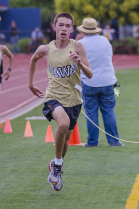 Athlete prepares for pole vault on a track with others watching.