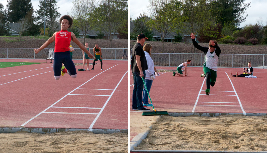 Athlete prepares for pole vault on a track with others watching.