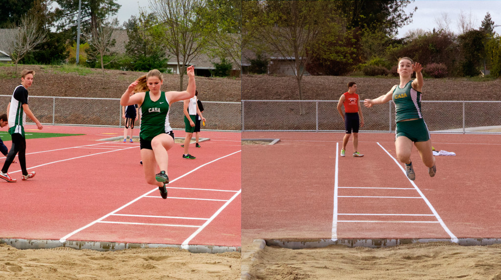 Athlete prepares for pole vault on a track with others watching.