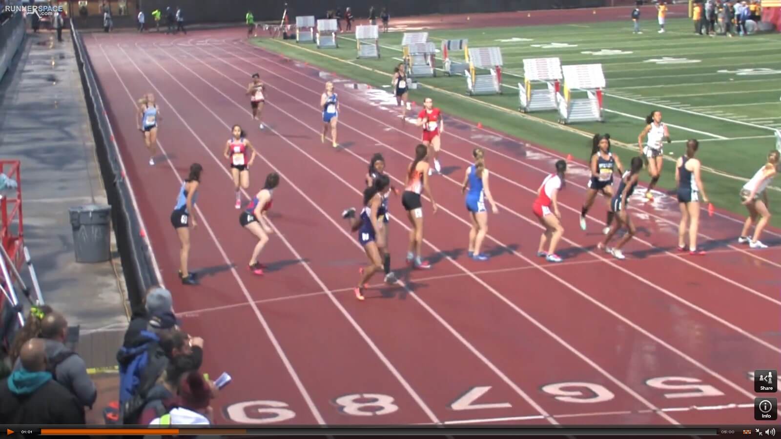 Athlete prepares for pole vault on a track with others watching.