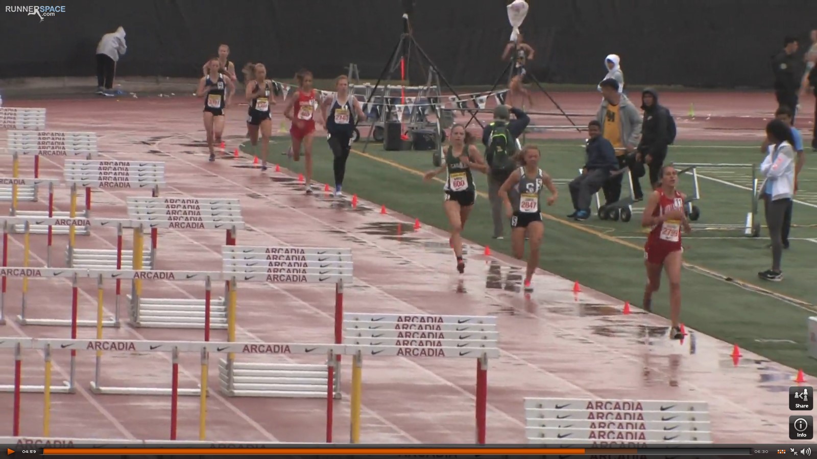 Athlete prepares for pole vault on a track with others watching.