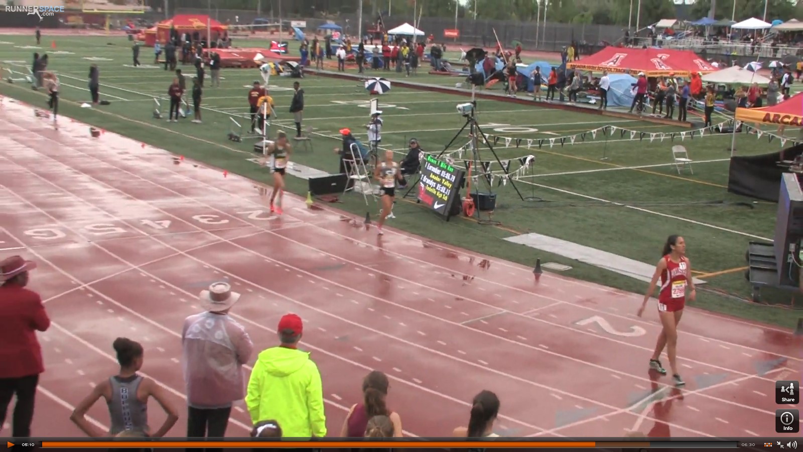 Athlete prepares for pole vault on a track with others watching.
