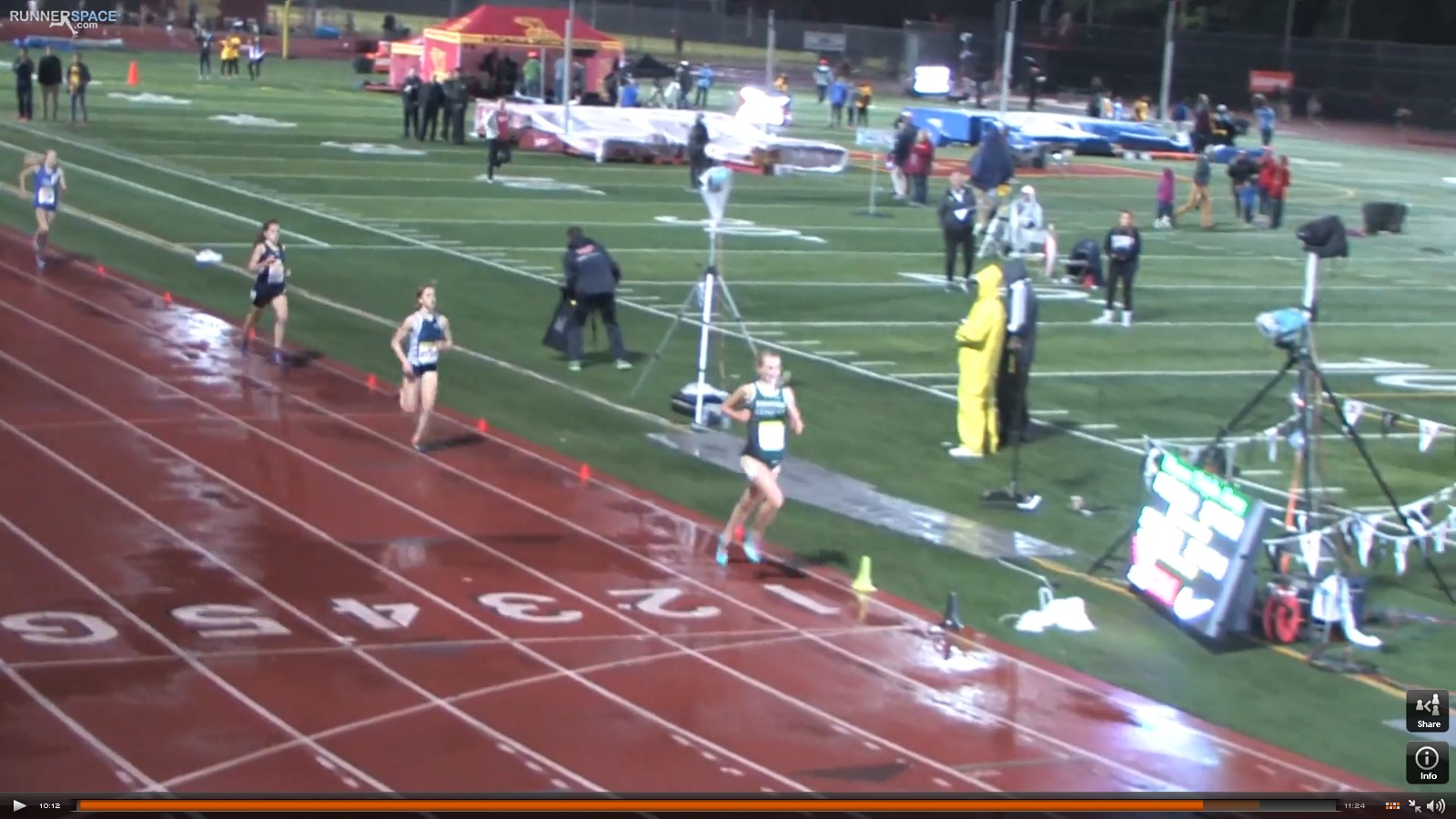 Athlete prepares for pole vault on a track with others watching.