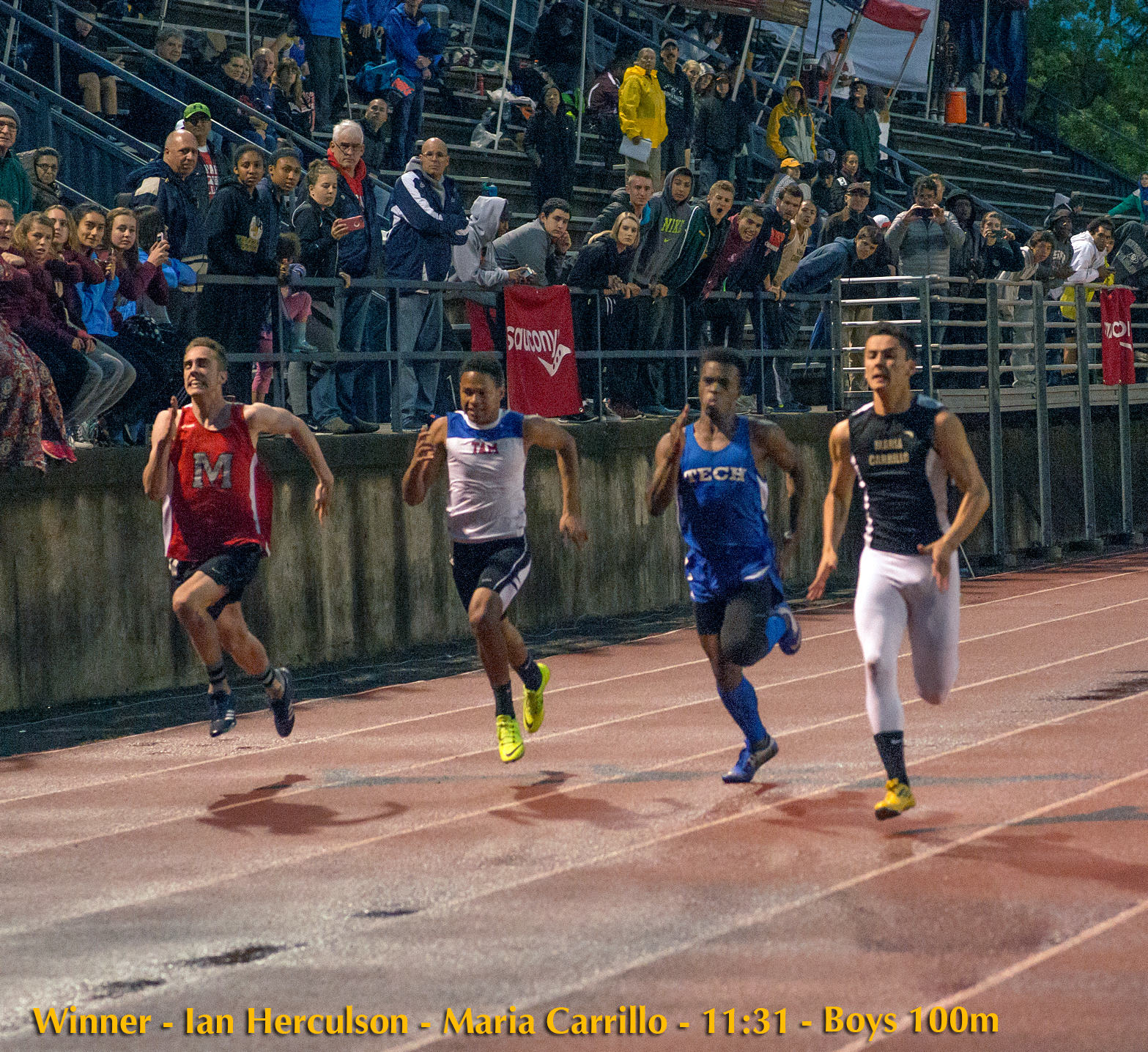 Athlete prepares for pole vault on a track with others watching.