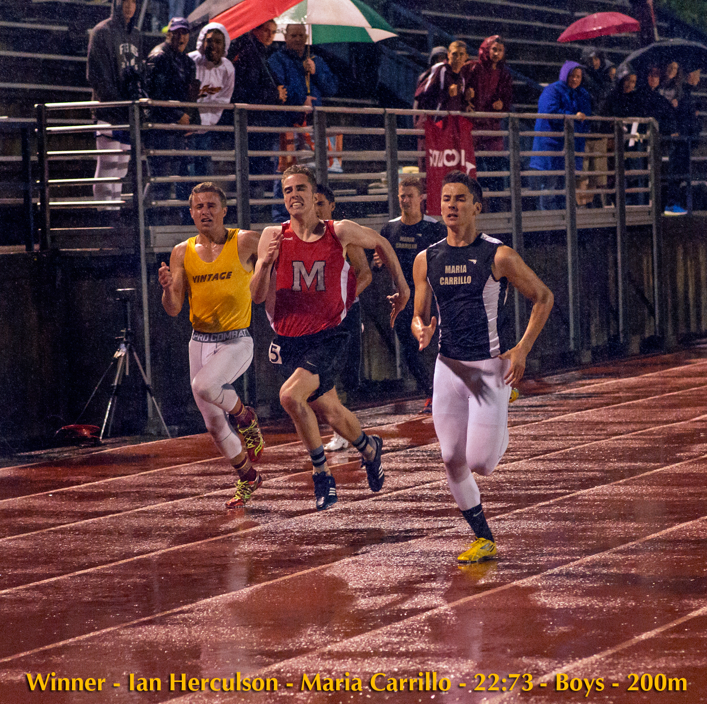 Athlete prepares for pole vault on a track with others watching.