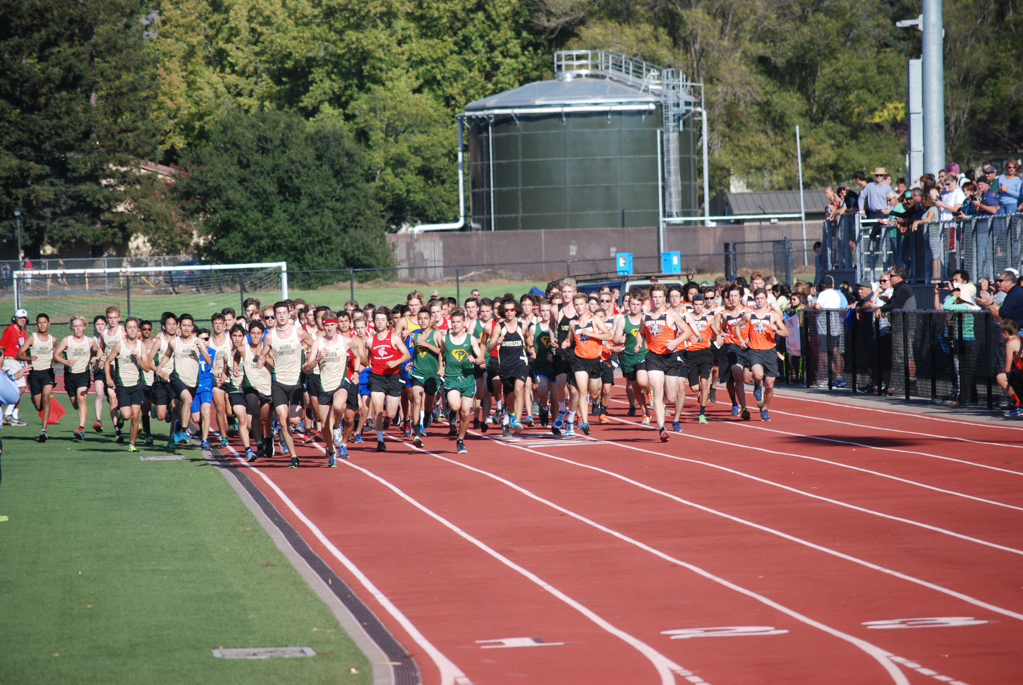 Athlete prepares for pole vault on a track with others watching.