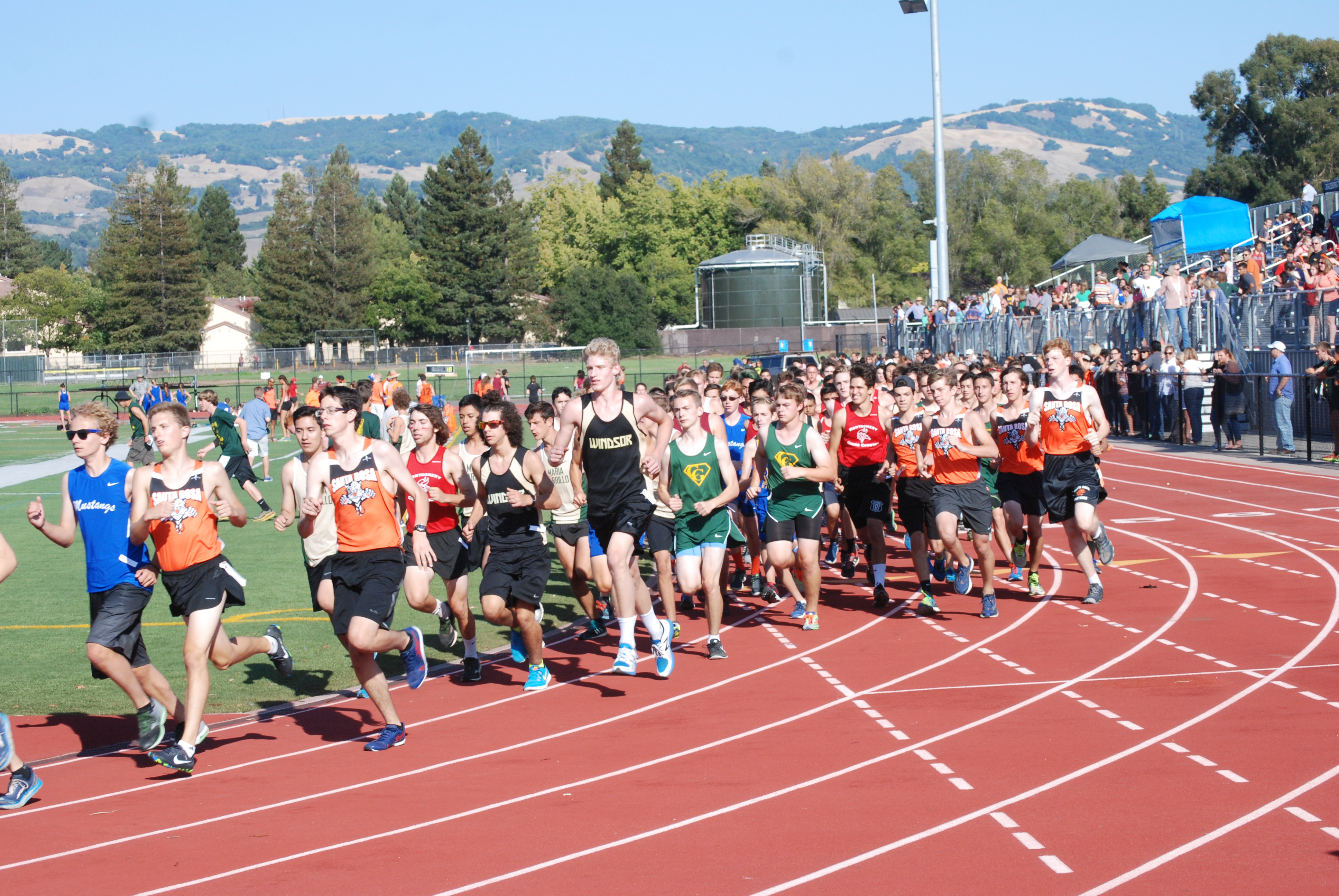 Athlete prepares for pole vault on a track with others watching.
