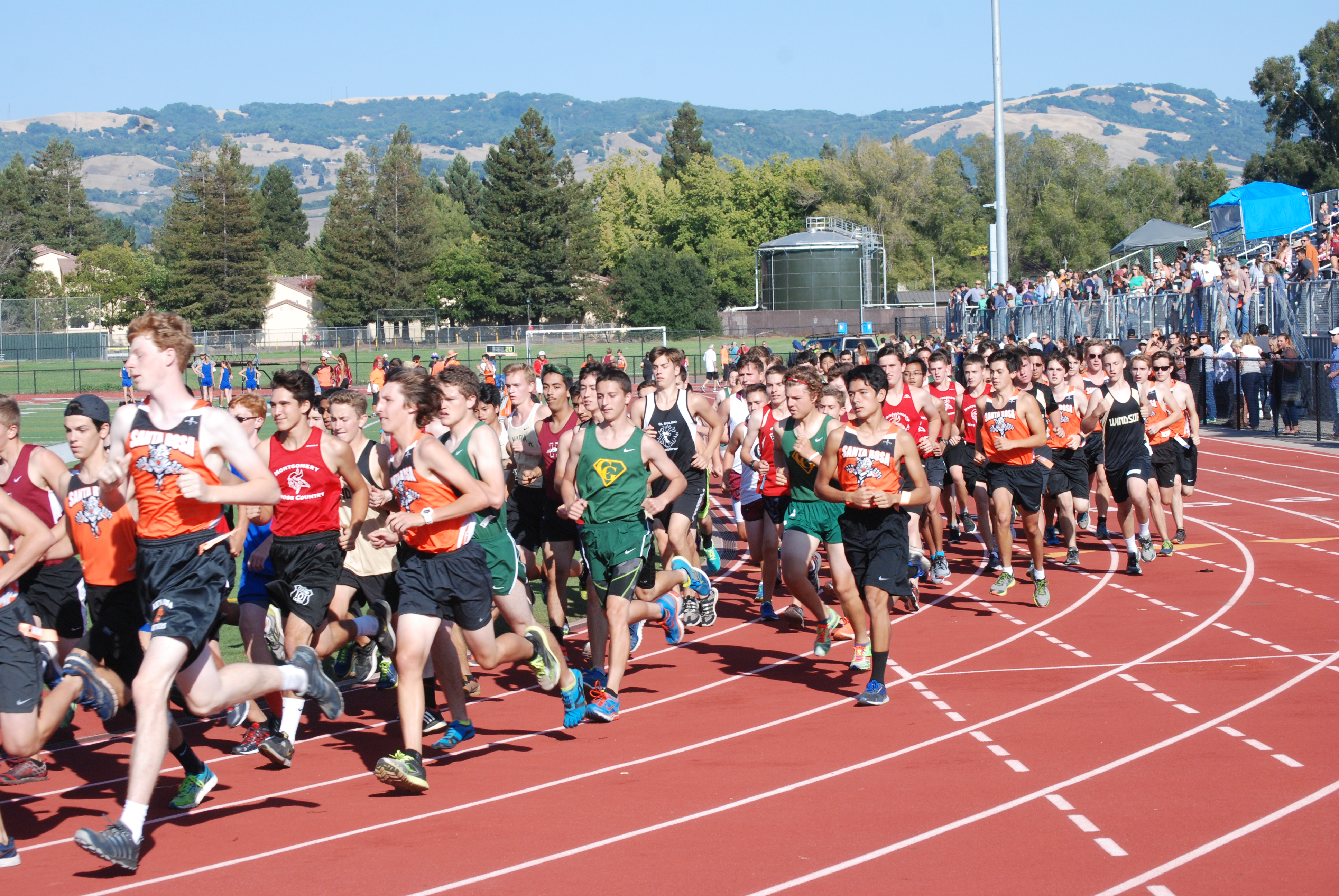 Athlete prepares for pole vault on a track with others watching.