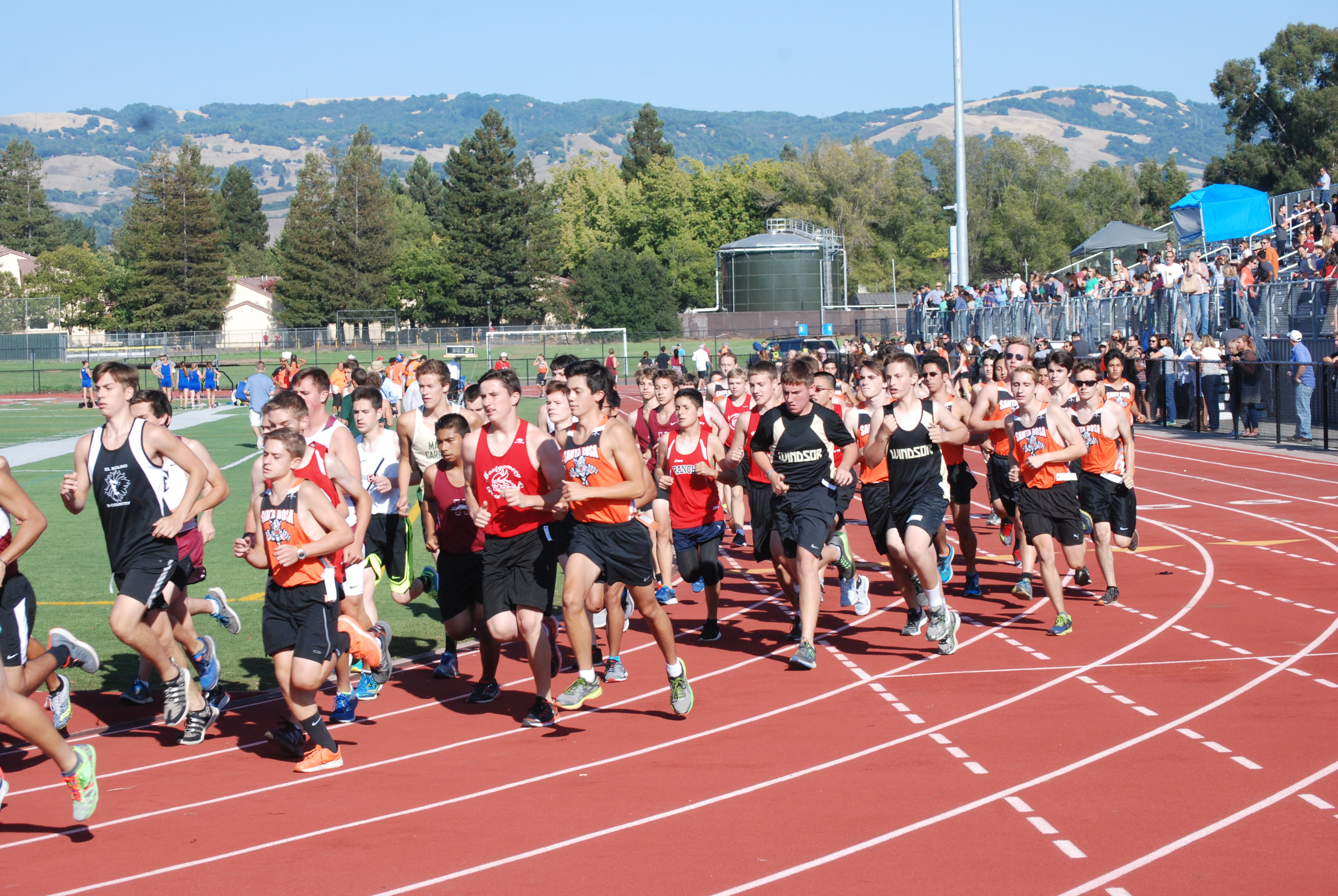 Athlete prepares for pole vault on a track with others watching.