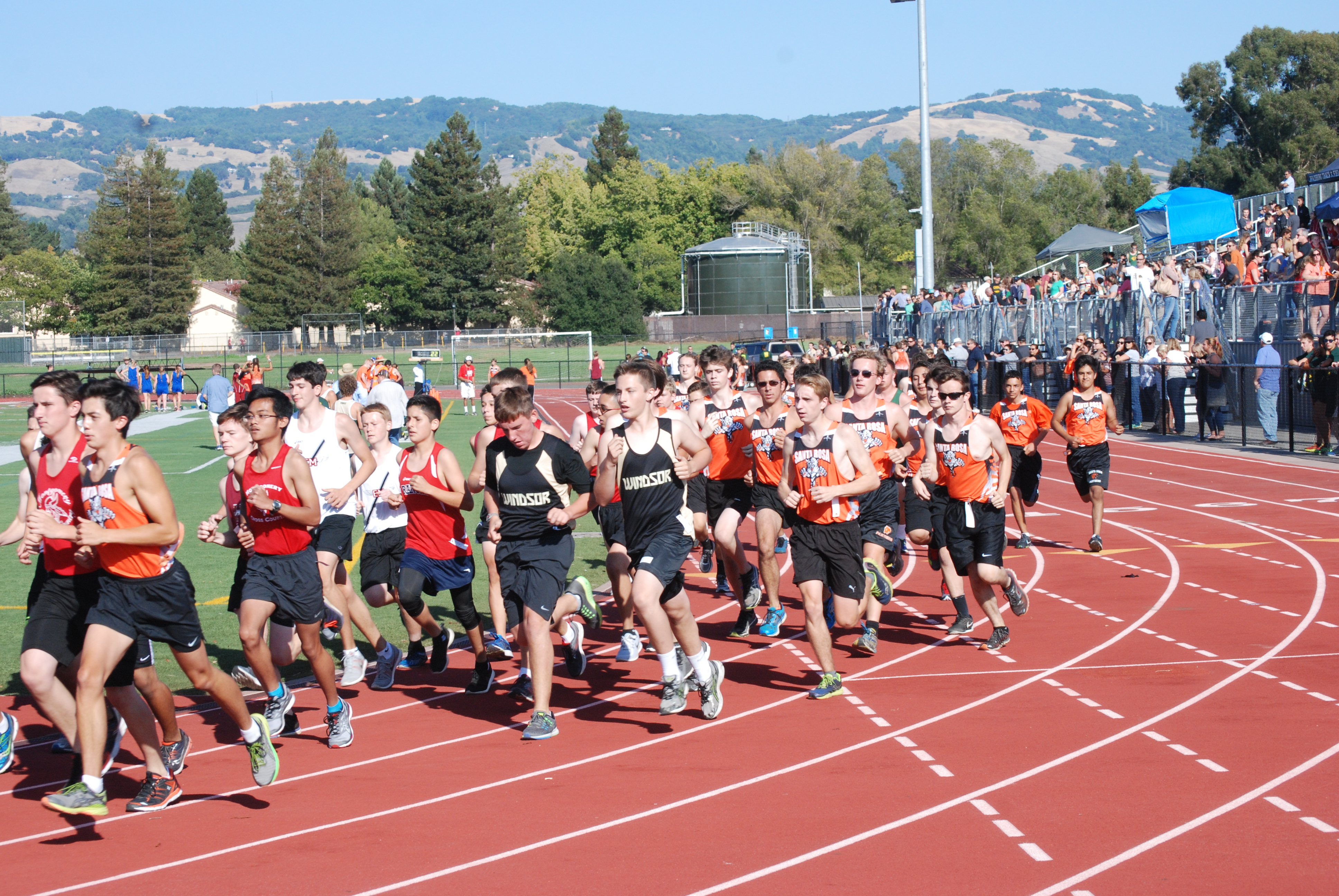 Athlete prepares for pole vault on a track with others watching.