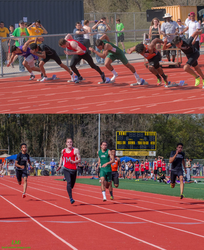 Athlete prepares for pole vault on a track with others watching.