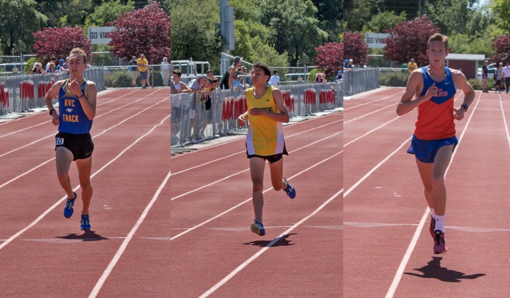 Athlete prepares for pole vault on a track with others watching.