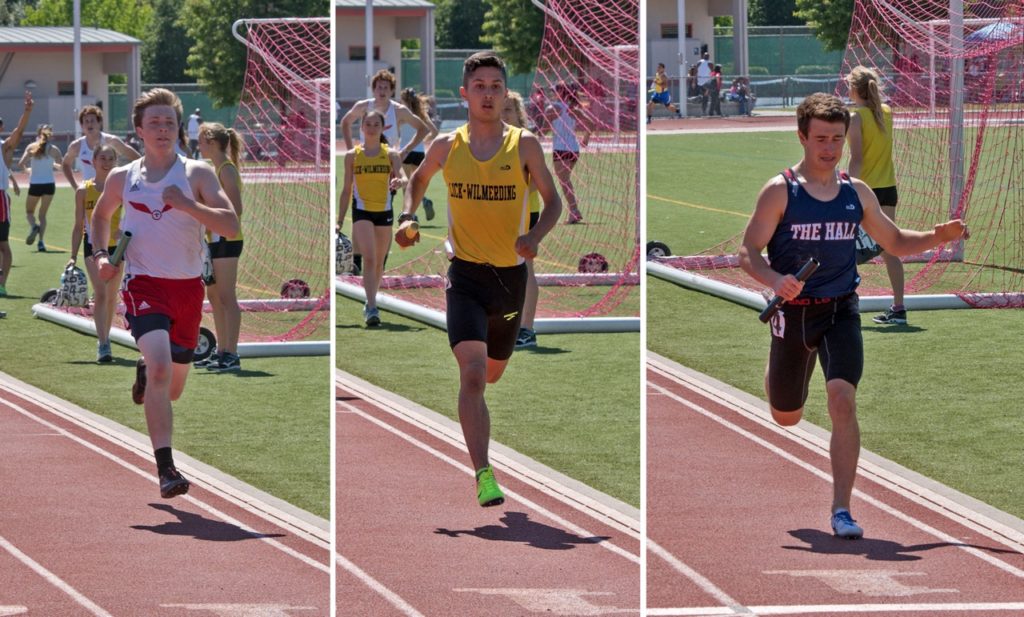 Athlete prepares for pole vault on a track with others watching.