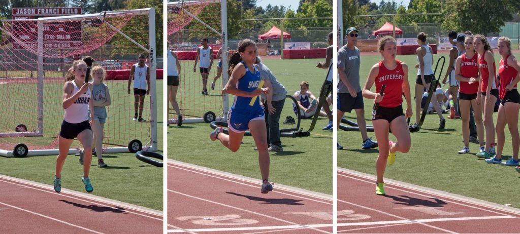 Athlete prepares for pole vault on a track with others watching.