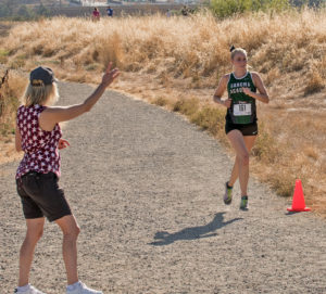 Athlete prepares for pole vault on a track with others watching.