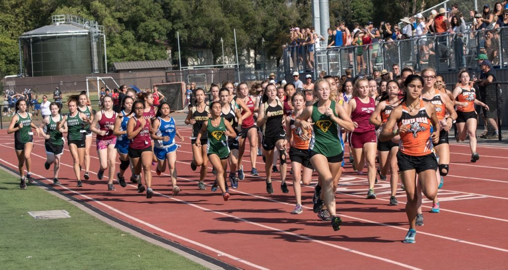 Athlete prepares for pole vault on a track with others watching.