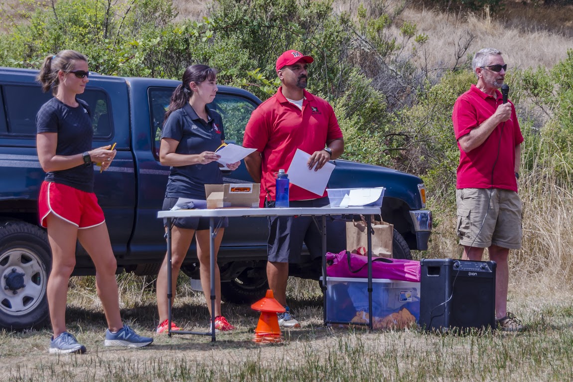 Athlete prepares for pole vault on a track with others watching.