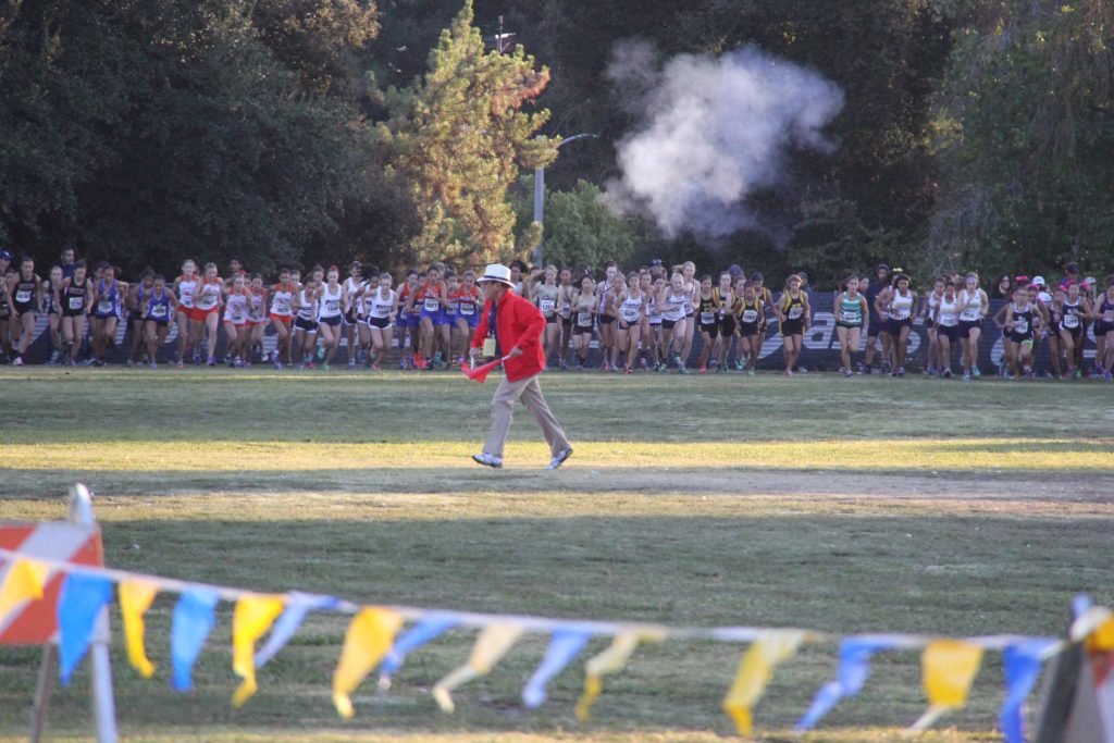 Athlete prepares for pole vault on a track with others watching.