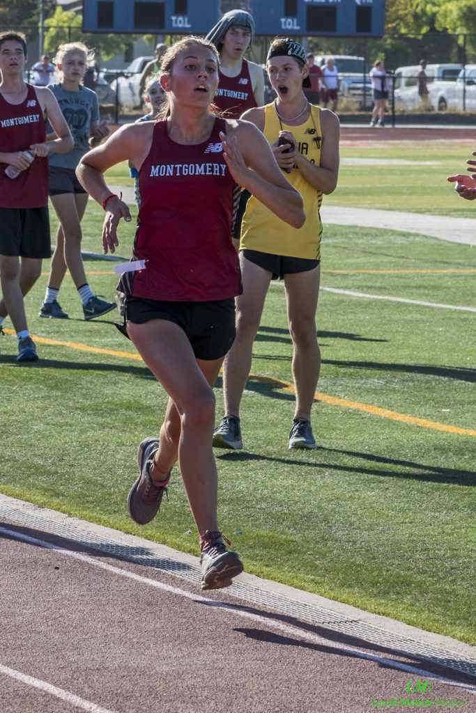 Athlete prepares for pole vault on a track with others watching.