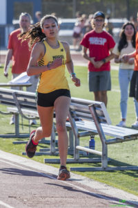 Athlete prepares for pole vault on a track with others watching.