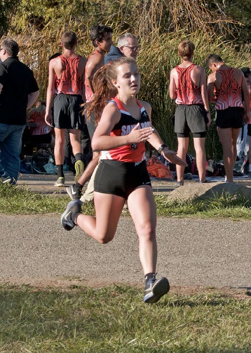 Athlete prepares for pole vault on a track with others watching.