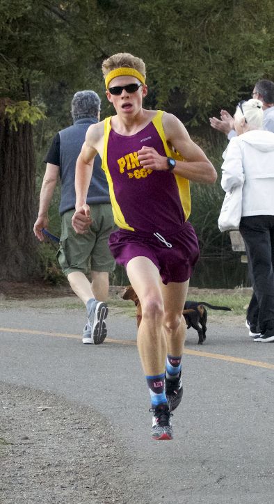Athlete prepares for pole vault on a track with others watching.