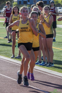 Athlete prepares for pole vault on a track with others watching.