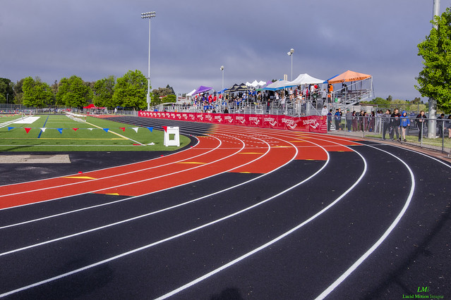 Athlete prepares for pole vault on a track with others watching.