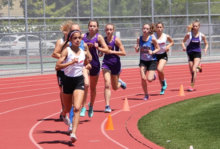 Athlete prepares for pole vault on a track with others watching.