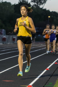 Athlete prepares for pole vault on a track with others watching.