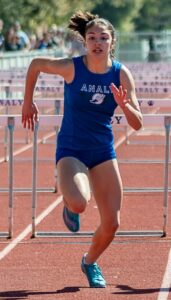 Athlete prepares for pole vault on a track with others watching.