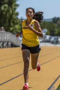 Athlete prepares for pole vault on a track with others watching.