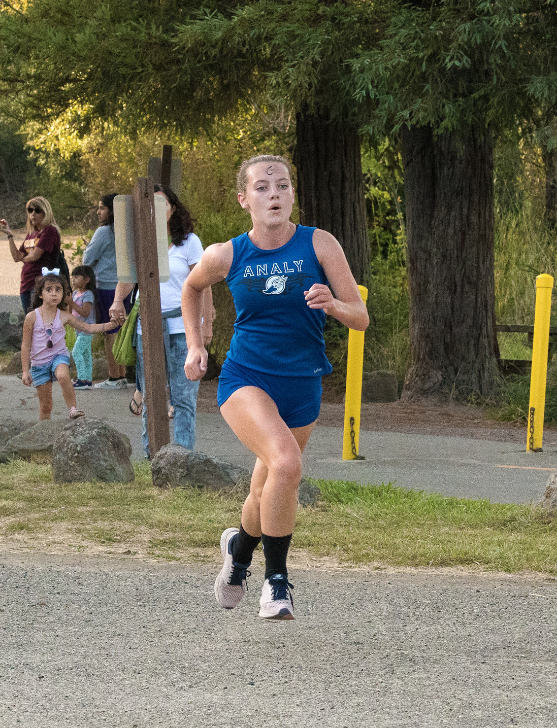Athlete prepares for pole vault on a track with others watching.