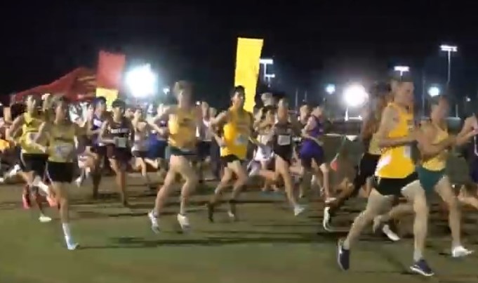 Athlete prepares for pole vault on a track with others watching.