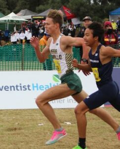 Athlete prepares for pole vault on a track with others watching.